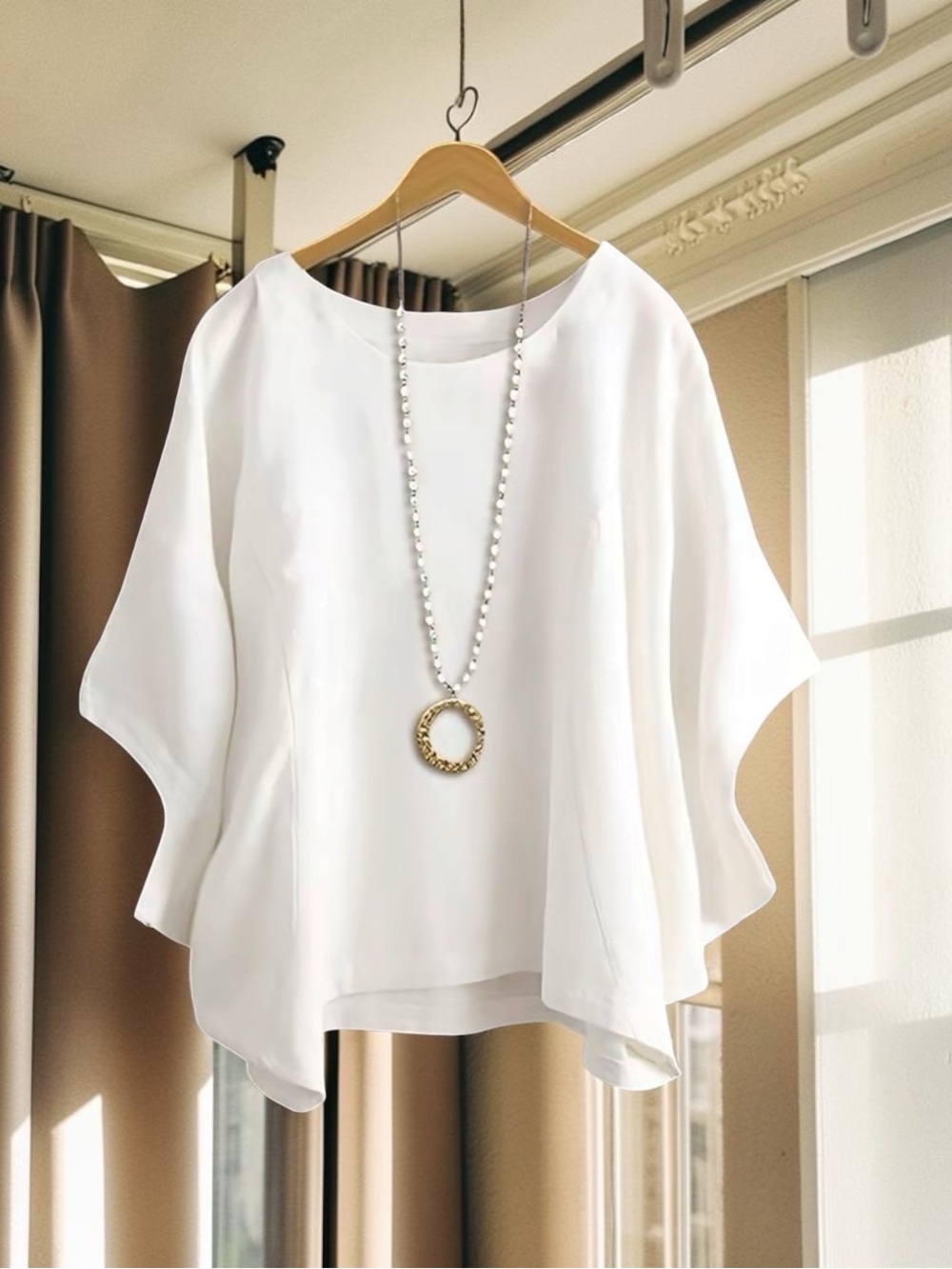 Flowy White Women's Blouse with Draped Sleeves by Cherrybetty